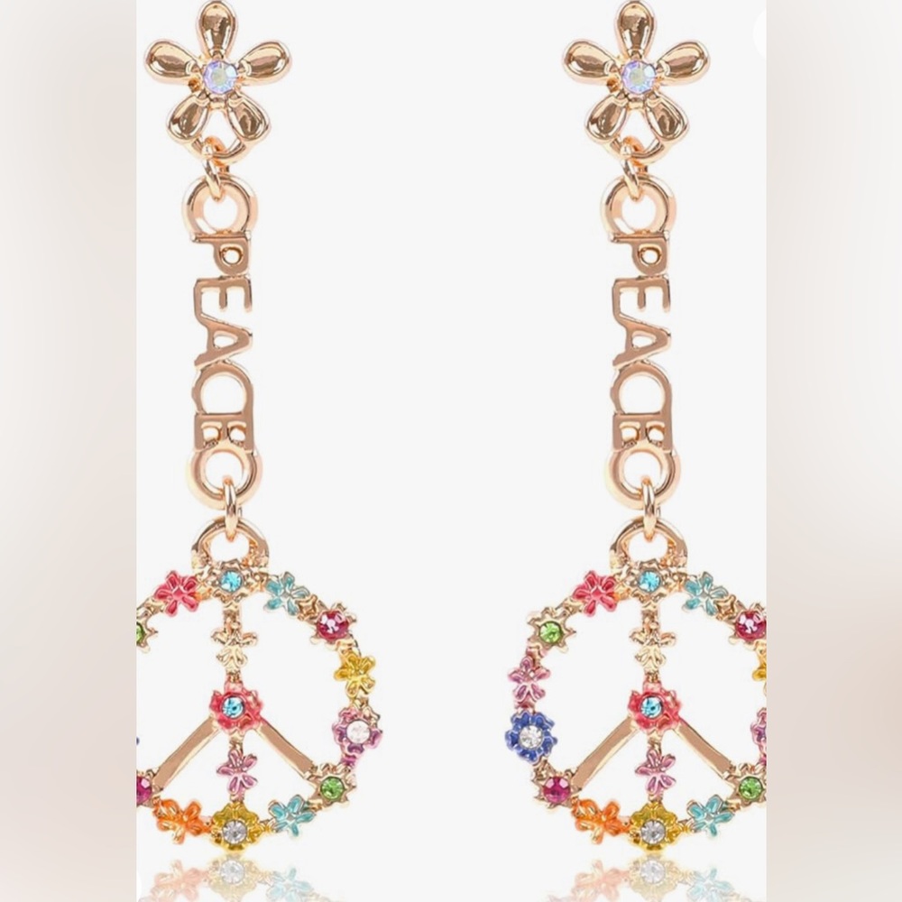 NWT Peace Sign Earrings Heart Flower Diamond Drop Earrings
